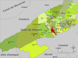 Localización de Carrícola con respecto a la comarca del Valle de Albaida