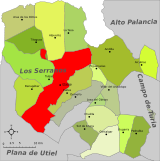 Localización de Chelva respecto a la comarca de Los Serranos