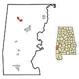 Ubicación en el condado de Choctaw y en el estado de Alabama Ubicación de Alabama en EE. UU.