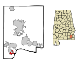 Ubicación en el condado de Dale y en el estado de Alabama Ubicación de Alabama en EE. UU.