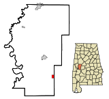 Ubicación en el condado de Hale y en el estado de Alabama Ubicación de Alabama en EE. UU.