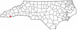 Ubicación en el condado de Macon  y condado de Jackson y en el estado de Carolina del Norte Ubicación de Carolina del Norte en EE. UU.