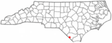 Ubicación en el condado de Columbus  y en el estado de Carolina del Norte Ubicación de Carolina del Norte en EE. UU.