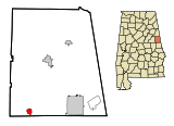 Ubicación en el condado de Monroe y en el estado de Alabama Ubicación de Alabama en EE. UU.