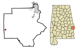 Ubicación en el condado de Russell y en el estado de Alabama Ubicación de Alabama en EE. UU.