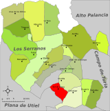 Localización de Sot de Chera respecto a la comarca de Los Serranos