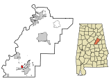 Ubicación en el condado de Talladega y en el estado de Alabama Ubicación de Alabama en EE. UU.