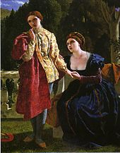 Pintura de una mujer del Renacimiento vestida como varón, de pie y mirando hacia la izquierda, mientras una mujer vestida como tal sentada a su derecha, le tome de la mano y lamira implorante, todo sobre un fondo bucólico.