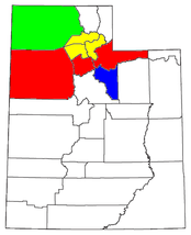 Mapa de Utah con el Área Estadística Metropolitana Combinada de Salt Lake City (CSA), compuesta por:      Área Estadística Metropolitana de Salt Lake City (MSA)      Área Estadística Metropolitana de Ogden-Clearfield (MSA)      Área Estadística Micropolitana de Brigham City (MSA)      Área Estadística Micropolitana de Heber (MSA)