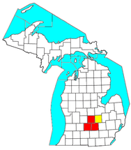 Mapa de Michigan con el Área Estadística Metropolitana Combianda de Lansing-East Lansing-Owosso CSA y sus componentes:      Área Estadística Metropolitana de Lansing-East Lansing      Área Estadística Micropolitana de Owosso