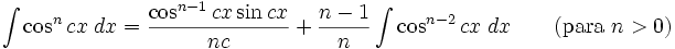\int\cos^n cx\;dx = \frac{\cos^{n-1} cx\sin cx}{nc} + \frac{n-1}{n}\int\cos^{n-2} cx\;dx \qquad\mbox{(para }n>0\mbox{)}
