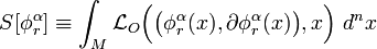 S[\phi_r^\alpha] \equiv \int_M  \mathcal{L}_O\Big(\big(\phi_r^\alpha(x),\partial\phi_r^\alpha(x)\big),x\Big)\ d^nx