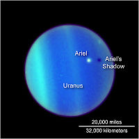 Tránsito de Ariel por delante de Urano, proyectando incluso su sombra.