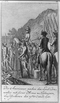 Los americanos hacen prisionero a Lord Cornwallis y su ejército, cerca de Yorktown el 19 de octubre.