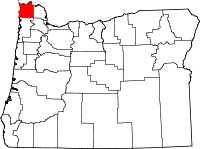 Mapa de Oregón con el Condado de Clatsop resaltado