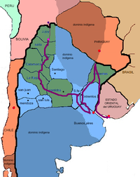 Confederación Argentina en 1840, con la Coalicion del Norte (en verde) y la nueva Liga Federal rosista (en celeste). Expedición de Juan Galo Lavalle en 1841 (líneas violetas).