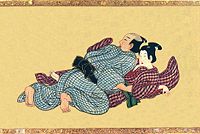 Pasatiempos en la primavera, encuentro entre un adulto y un niño (nanshoku); obra de Miyagawa Isshō, ca. 1750; sumi, acuarela y gofun sobre seda y rollo de pergamino.