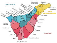 Zonas y municipios de Tenerife. El mapa muestra el área metropolitana según la definición oficial.