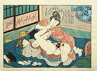 Mujeres teniendo relaciones por medio de un harikata (dildo), por Utagawa Kunisada.