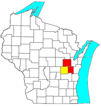 Mapa de Wisconsin con el Área Estadística Metropolitana Combinada de Appleton-Oshkosh–Neenah (CSA), compuesta por:      Área Estadística Metropolitana de Appleton (MSA)       Área Estadística Metropolitana de Oshkosh–Neenah (MSA)
