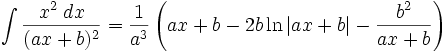 \int\frac{x^2\;dx}{(ax + b)^2} = \frac{1}{a^3}\left(ax + b - 2b\ln\left|ax + b\right| - \frac{b^2}{ax + b}\right)