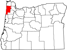 Mapa de Oregón con el Condado de Tillamook resaltado