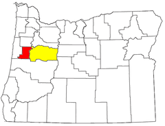 Mapa de Oregón con el Área Estadística Metropolitana Combinada de Albany-Corvallis-Lebanon  (CSA), compuesta por:      Área Estadística Metropolitana de Corvalis (MSA)       Área Estadística Micropolitana de Albany -Lebanon (µSA)