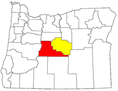 Mapa de Oregón con el Área Estadística Metropolitana Combinada de Bend-Prineville (CSA), compuesta por:      Área Estadística Metropolitana de Bend (MSA)       Área Estadística Micropolitana de Prineville (µSA)