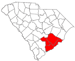 Mapa de Carolina del Sur con el área metropolitana de Charleston-North Charleston-Summerville resaltada en rojo.