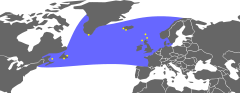 Mapa de su distribución en 1855, los puntos blancos indican las zonas de nidificación.