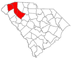 Mapa de Carolina del Sur con el área metropolitana de Greenville-Mauldin-Easley resaltada en rojo.