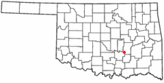 Ubicación en los condados de Hughes y Pontotoc en OklahomaUbicación de Oklahoma en EE. UU.