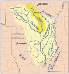 Noturus lachneri sólo se encuentra en el Río Saline (en amarillo oscuro) y en otros pequeños afluentes del Río Ouachita, en Arkansas, EE.UU.