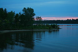 2008-08-24 Ripples on Falls Lake at sunset.jpg