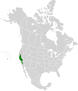       Área de distribución del tordo tricolor. Destacan las poblaciones del Valle Central y del sur de California.