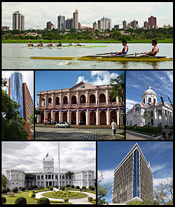 Desde arriba, de izquierda a derecha: panorama urbano de la ciudad desde el Río Paraguay, Citibank, el antiguo edificio del Cabildo, Panteón Nacional de los Héroes, Palacio de los López, Hotel Guaraní.