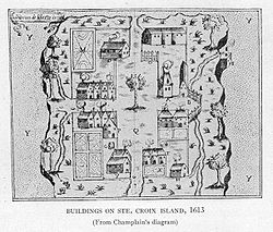 Buildings on Saint Croix Island - circa 1613 - Project Gutenberg etext 20110.jpg