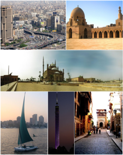 Desde arriba, de izquierda a derecha: panorama urbano de la ciudad, la Mezquita de Ibn Tulun, la Ciudadela de Saladino, una faluca del Nilo, la Torre del Cairo y la Calle Muizz.