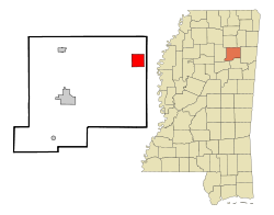 Chickasaw County Mississippi Incorporated and Unincorporated areas Okolona Highlighted.svg