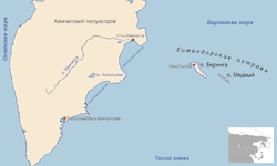 Mapa de las islas del Comandante y el sur de Kamchatka (en ruso)