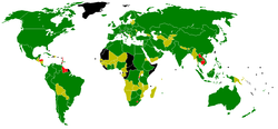 Mapa mundial de Estados con comités miembros de la ISO.Colores:     Miembros natos      Miembros correspondientes      Miembros suscritos      Otros Estados clasificados ISO 3166-1, no miembros de la ISO
