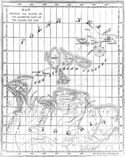 Mapa mostrando el rumbo de la partida de la Jeannette después de dejar el barco.