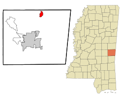 Lauderdale County Mississippi Incorporated and Unincorporated areas Meridian Station Highlighted.svg