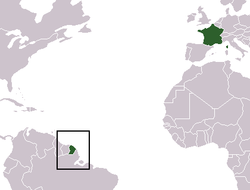 Mapa de la Guayana Francesa, territorio de ultramar pertenciente a Francia, hábitat de la Ephebopus cyanognathus.