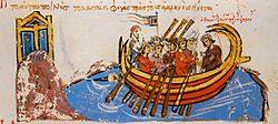 Illumination shows a group of men in a boat.