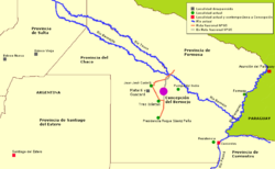 Mapa del curso del Bermejo, mostrando la bifurcación del Teuco y el Bermejito