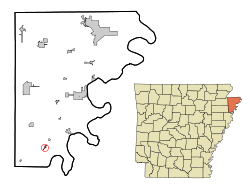 Localización en el condado de Misisipi y en el estado de Arkansas