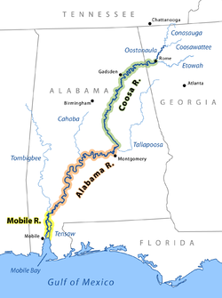 Localización del Coosa, el primer tramo del sistema Mobile-Alabama-Coosa