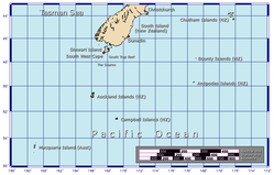 Localización de las islas Campbell en relación con Nueva Zelanda