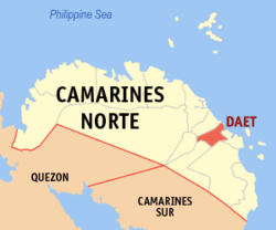 Mapa de Camarines Norte que muestra la situación de Daet
